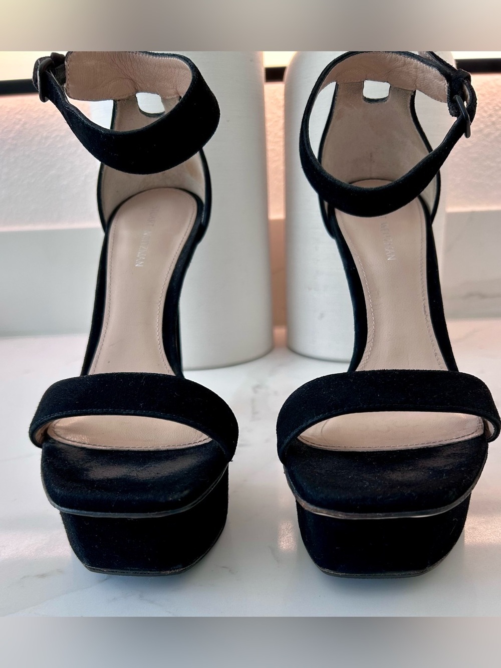 Stuart Weitzman Black Suede Platform Ankle-Strap Heels